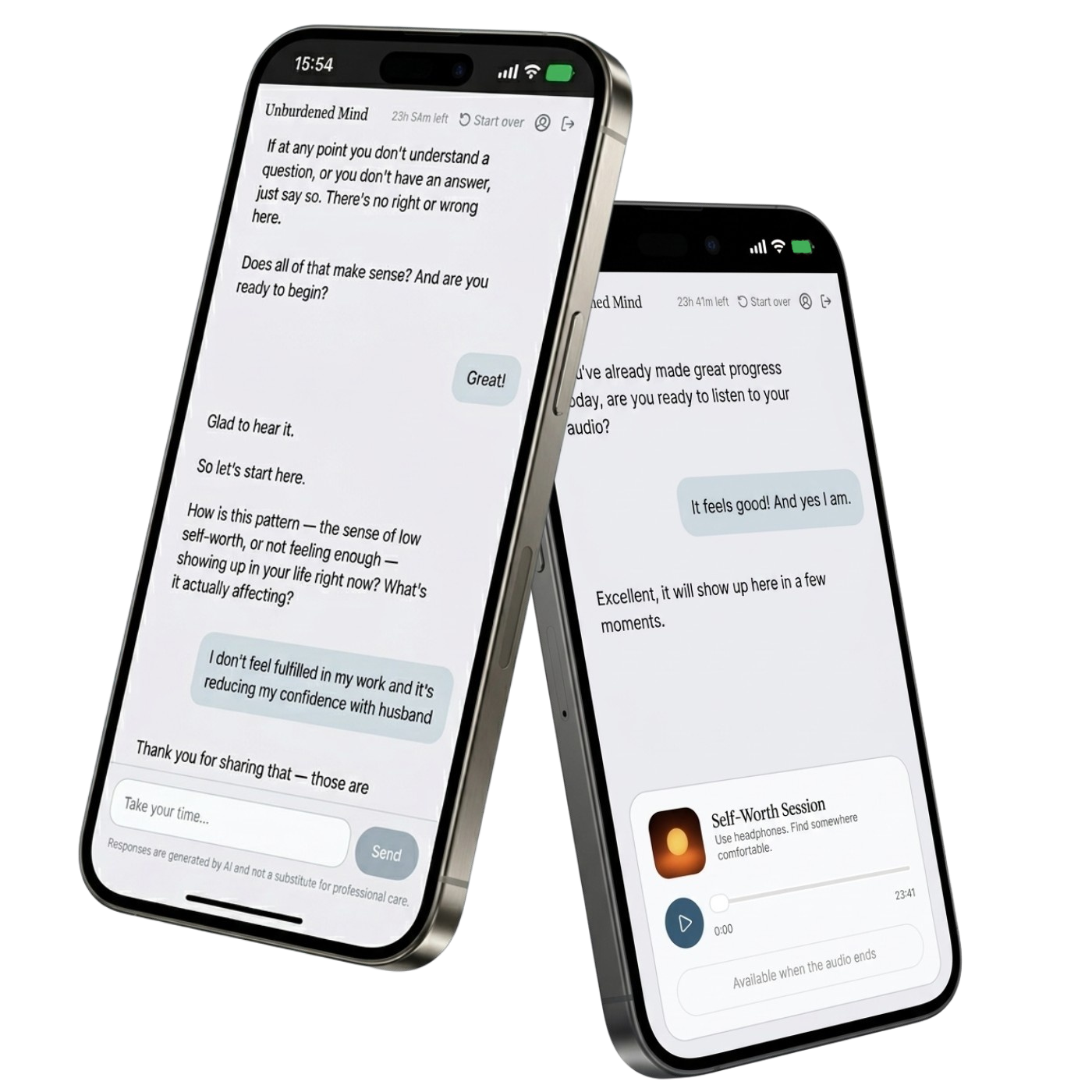 Unburdened Mind app shown on two phones — a chat conversation and an audio session